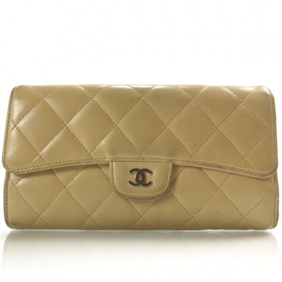 Lambskin Quilted Large Flap Wallet Beige