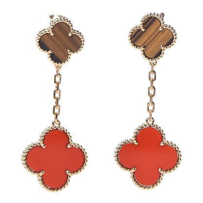Van Cleef & Arpels 18K Yellow Gold Tiger Eye Carnelian 2 Motifs Magic Alhambra Earrings 1 of 5