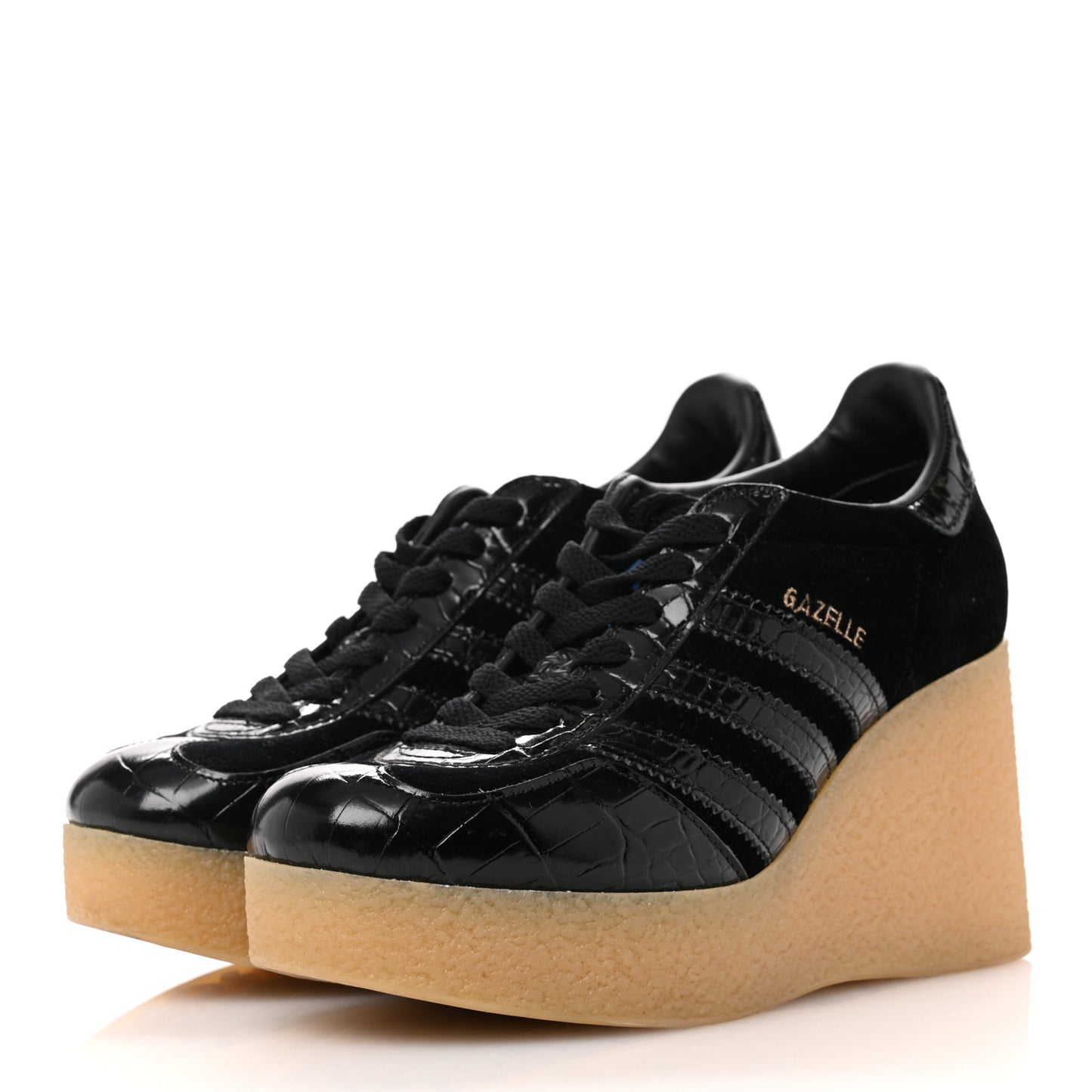 X ADIDAS Velvet Crocodile Embossed Gazelle Wedge Sneakers 36.5 Black