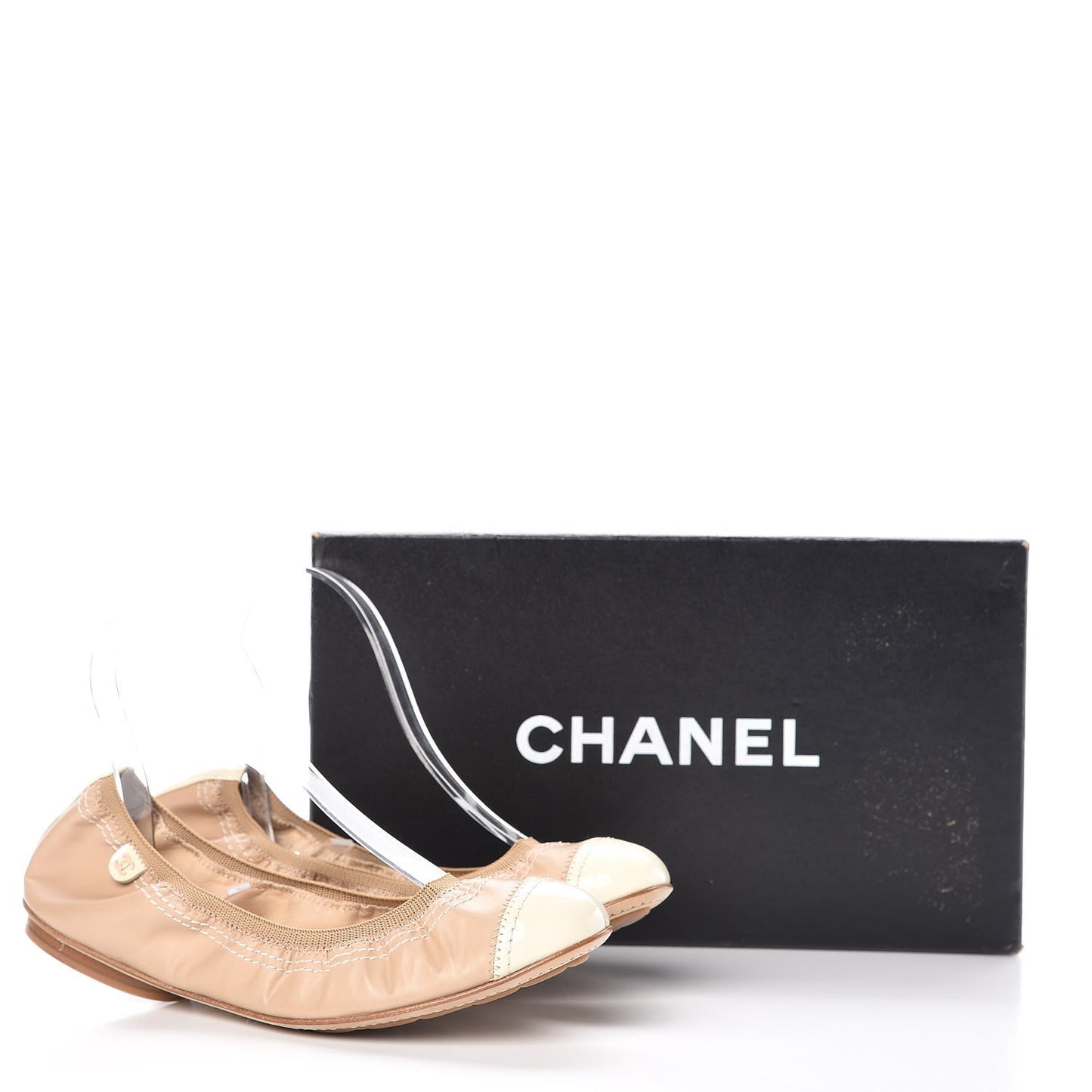 Lambskin Patent CC Elastic Cap Toe Ballerina Flats 37.5 Light Beige