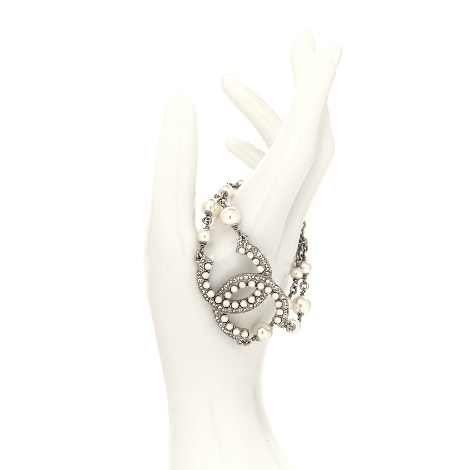 Chanel Pearl Crystal CC Bracelet Silver 2 of 5