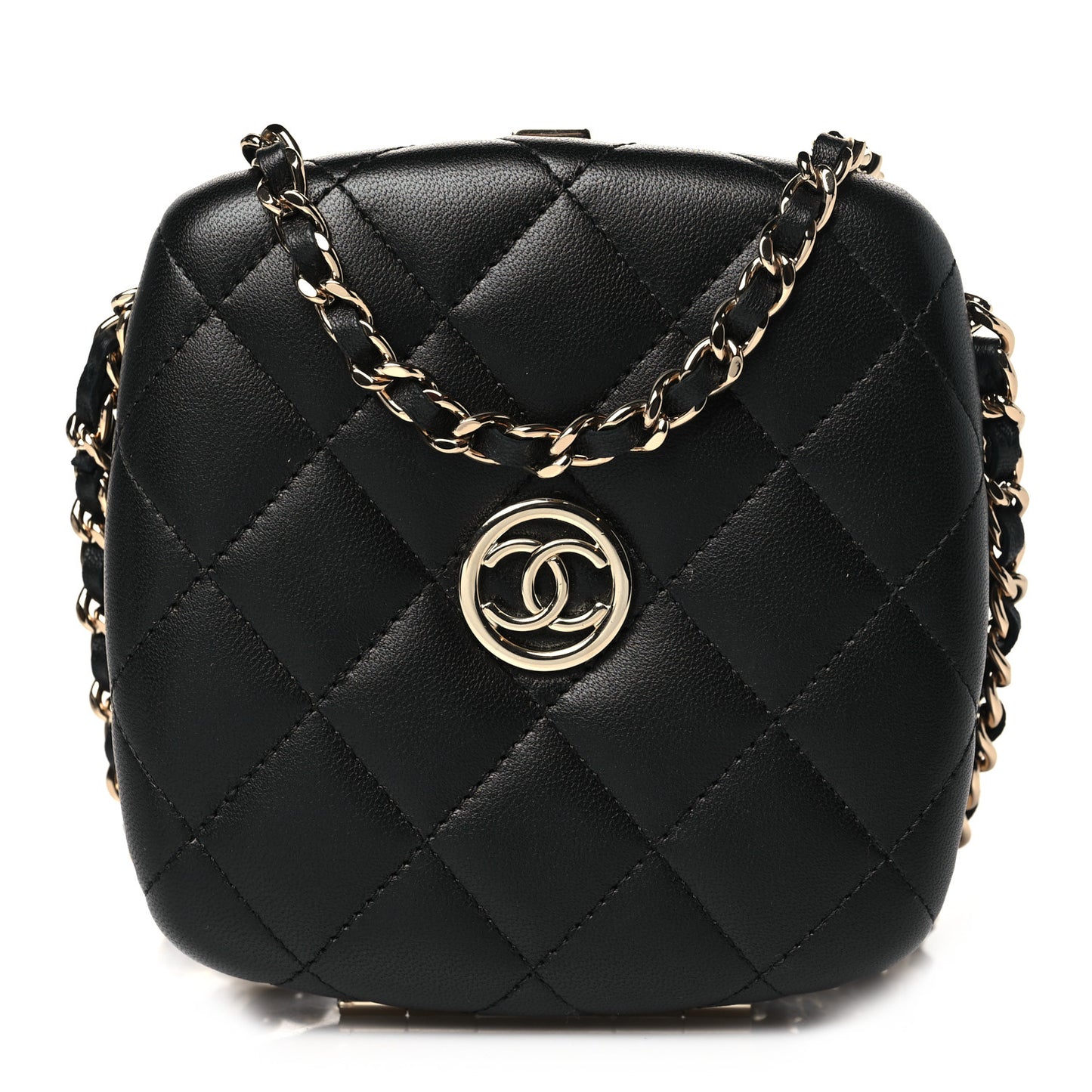 Lambskin Quilted Compact Vanity Case Purse With Chain Black