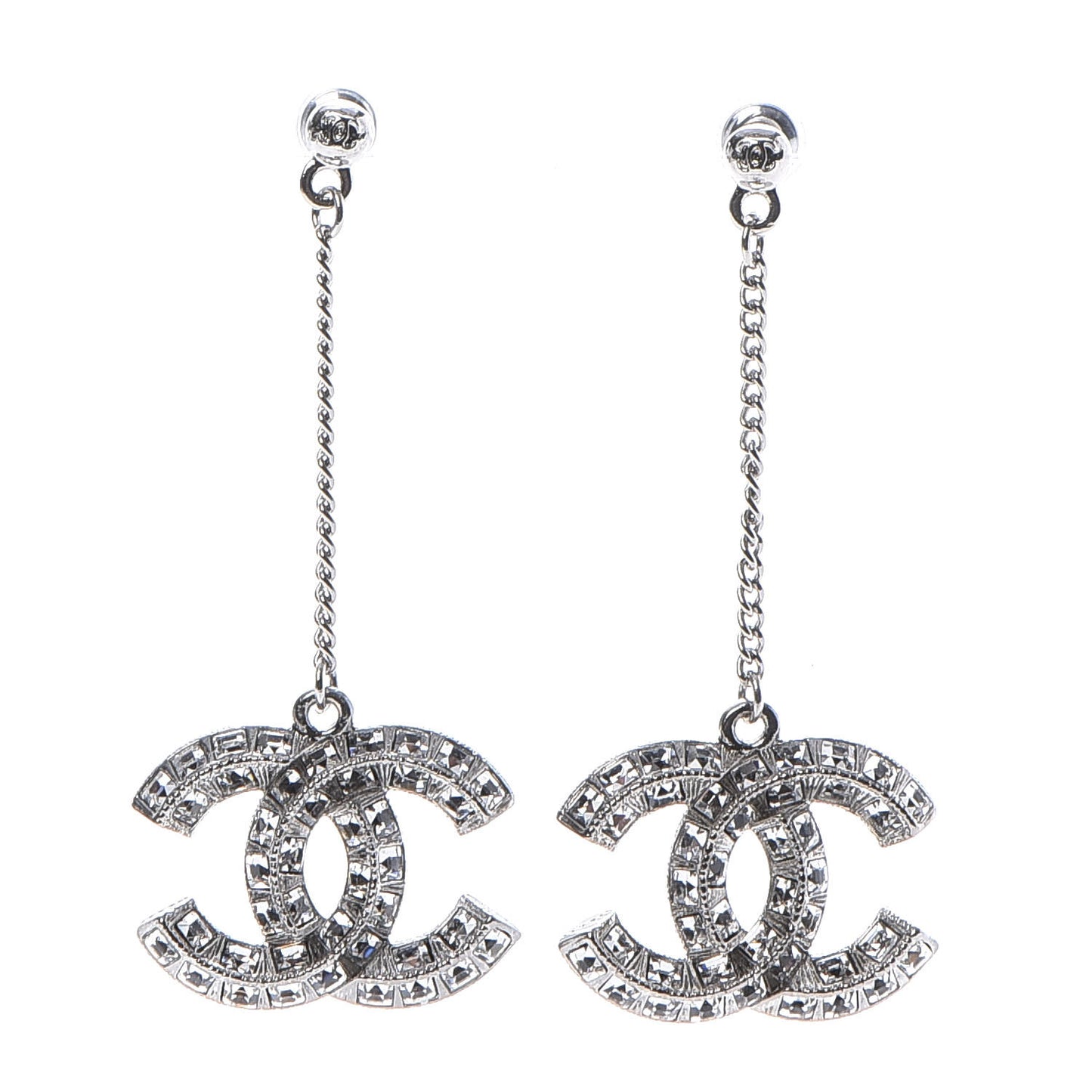 Baguette Crystal CC Drop Earrings Silver