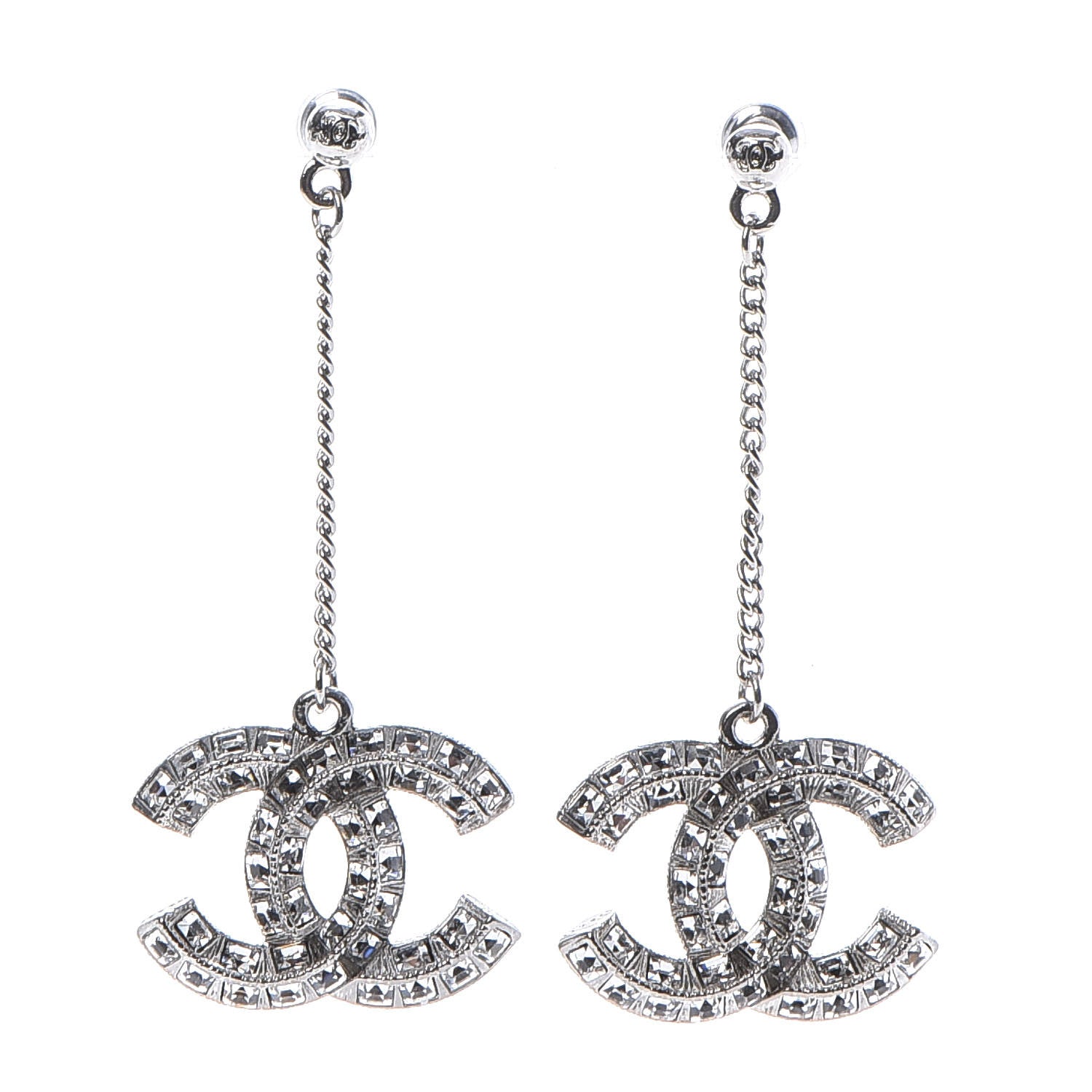 Chanel Baguette Crystal CC Drop Earrings Silver 1 of 4