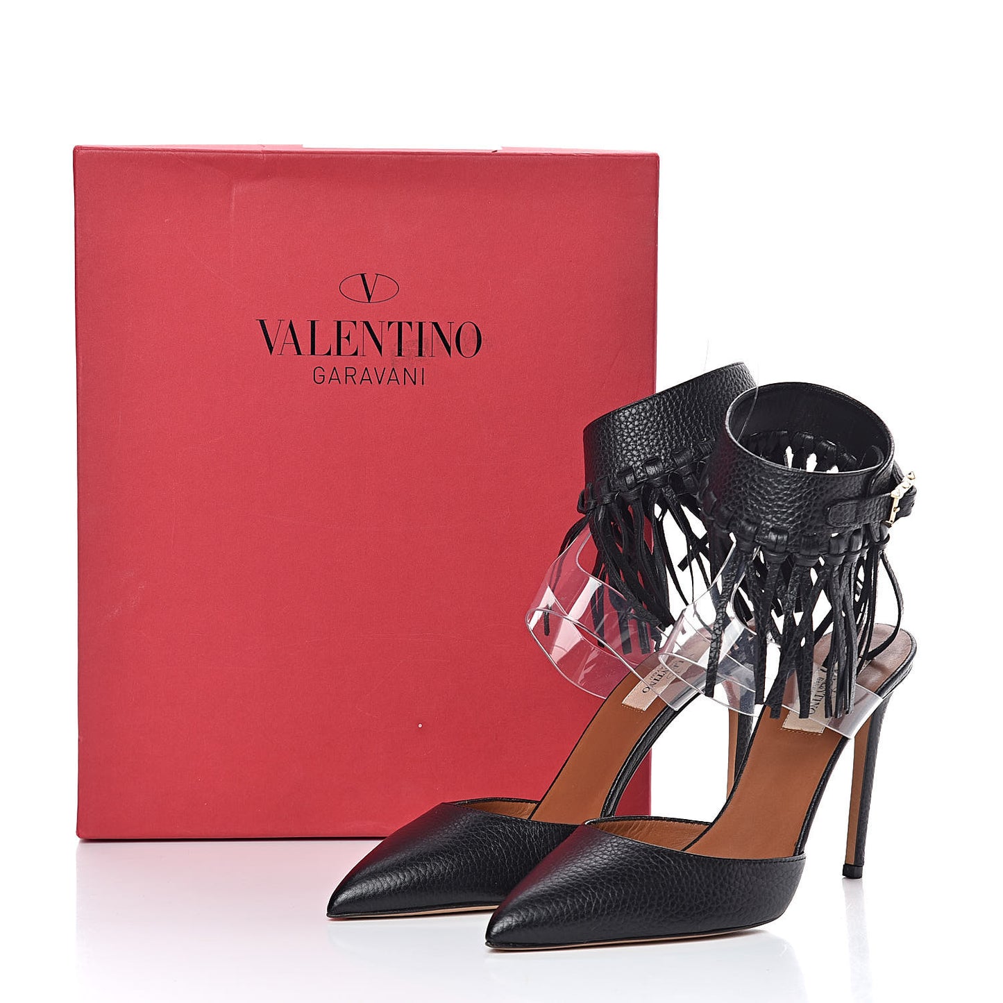 Grained Calfskin C Rockee Fringe Ankle Wrap Pumps 38 Black