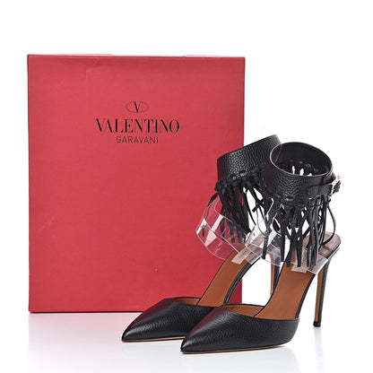 Valentino Garavani Grained Calfskin C Rockee Fringe Ankle Wrap Pumps 38 Black 7 of 7