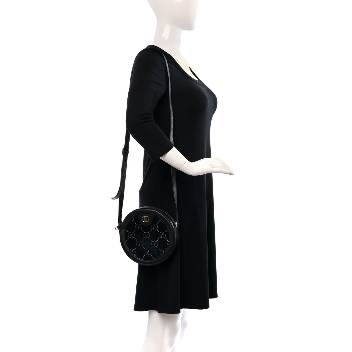 Velvet Calfskin GG Monogram Round Shoulder Bag Blue Beige