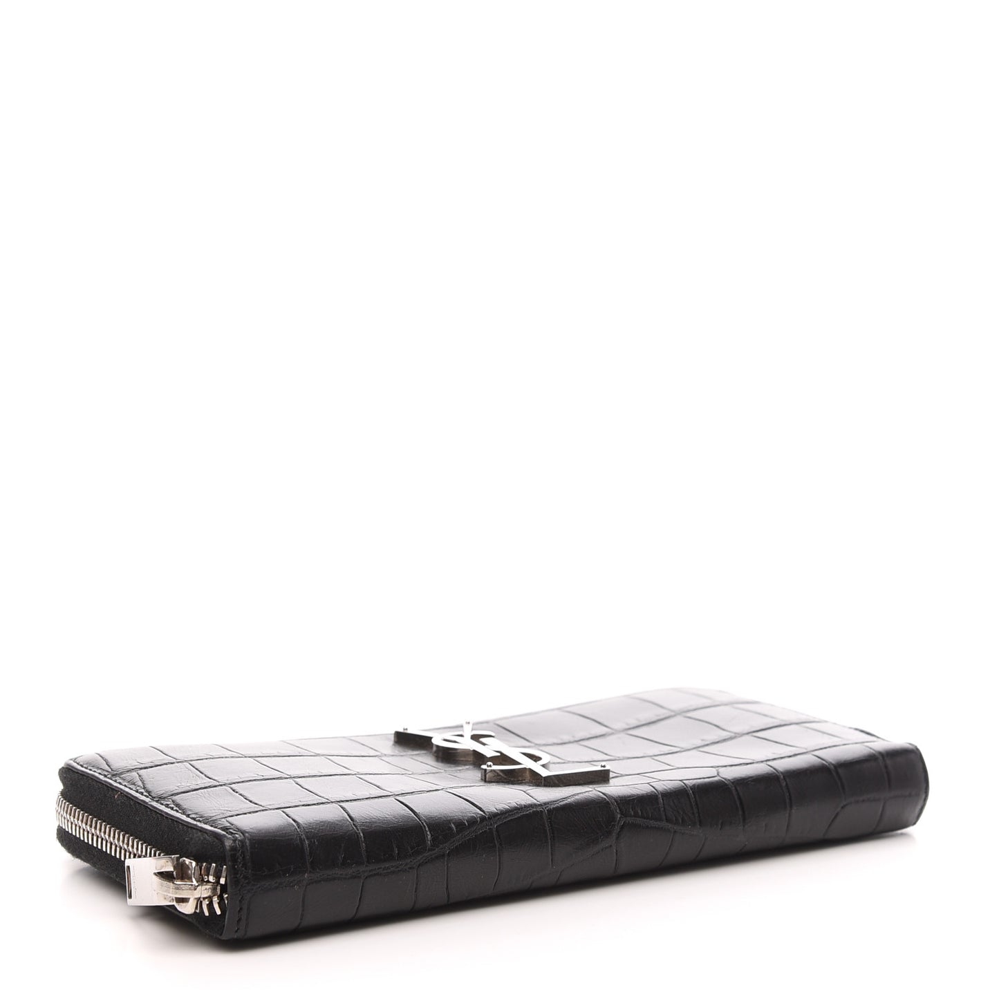 Calfskin Crocodile Embossed Monogram Zip Around Wallet Black