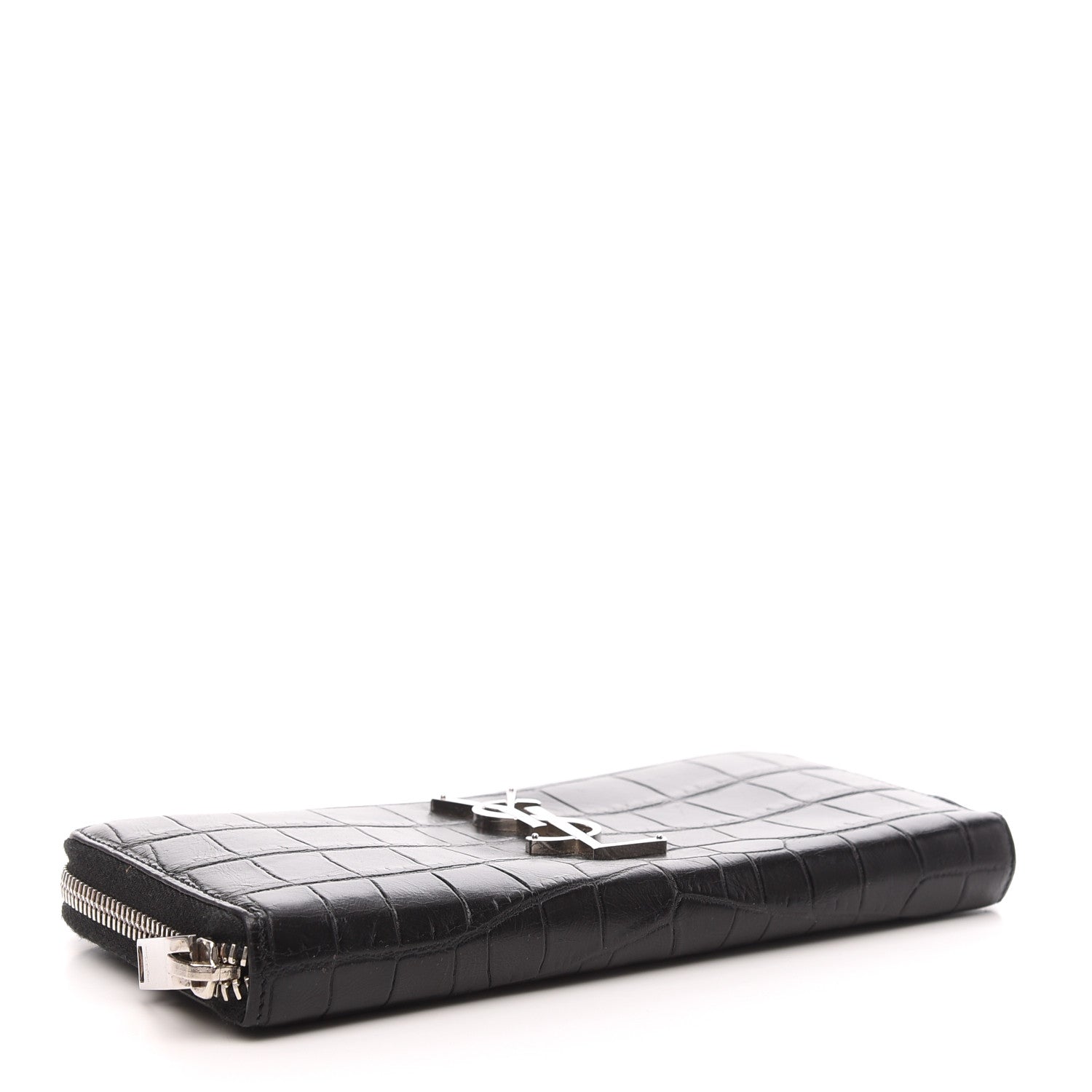 Saint Laurent Calfskin Crocodile Embossed Monogram Zip Around Wallet Black 4 of 6