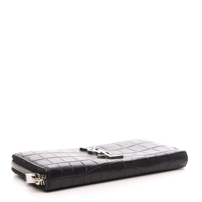 Saint Laurent Calfskin Crocodile Embossed Monogram Zip Around Wallet Black 4 of 6