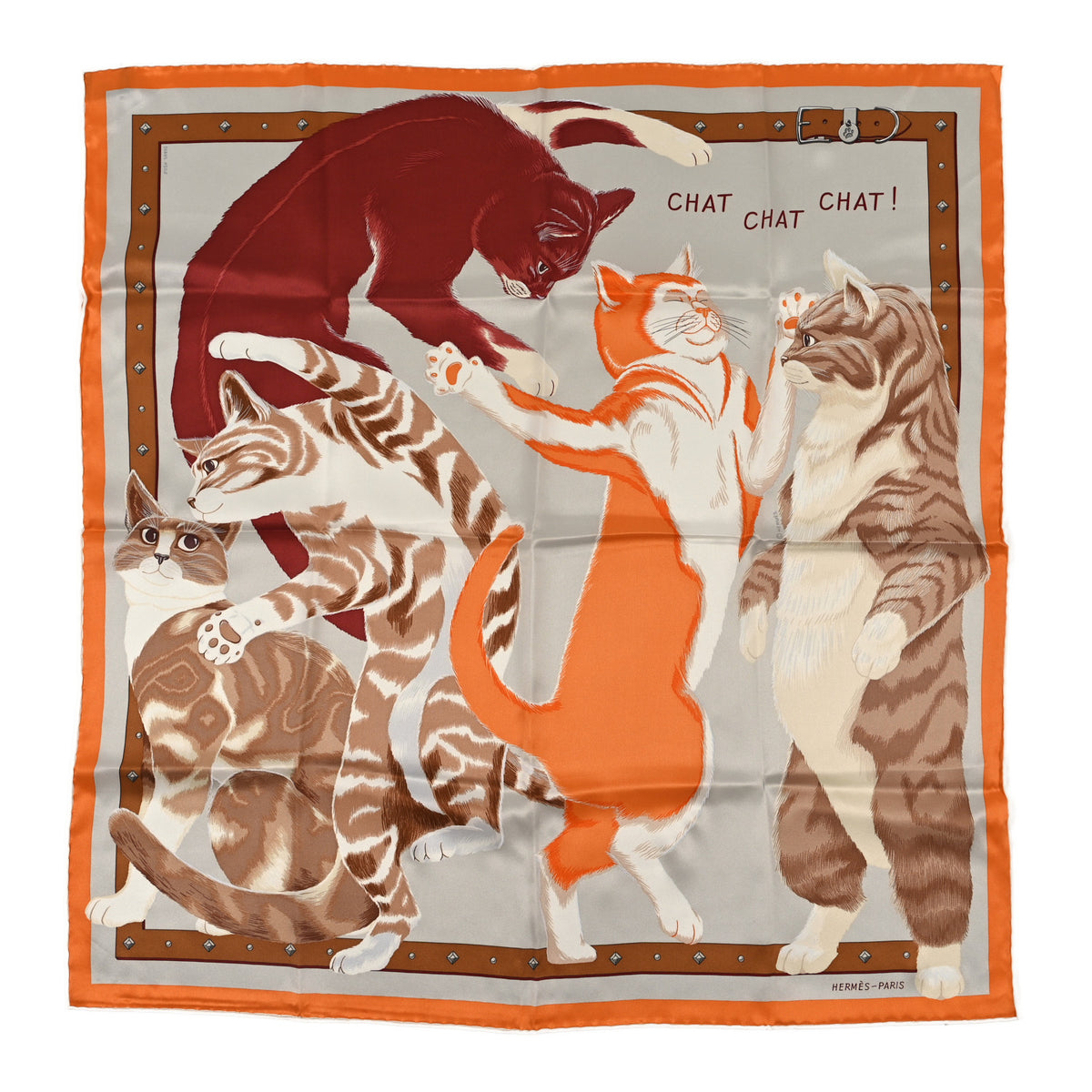 Silk Chat Chat Chat Scarf 70 Gris Perle Orange Camel
