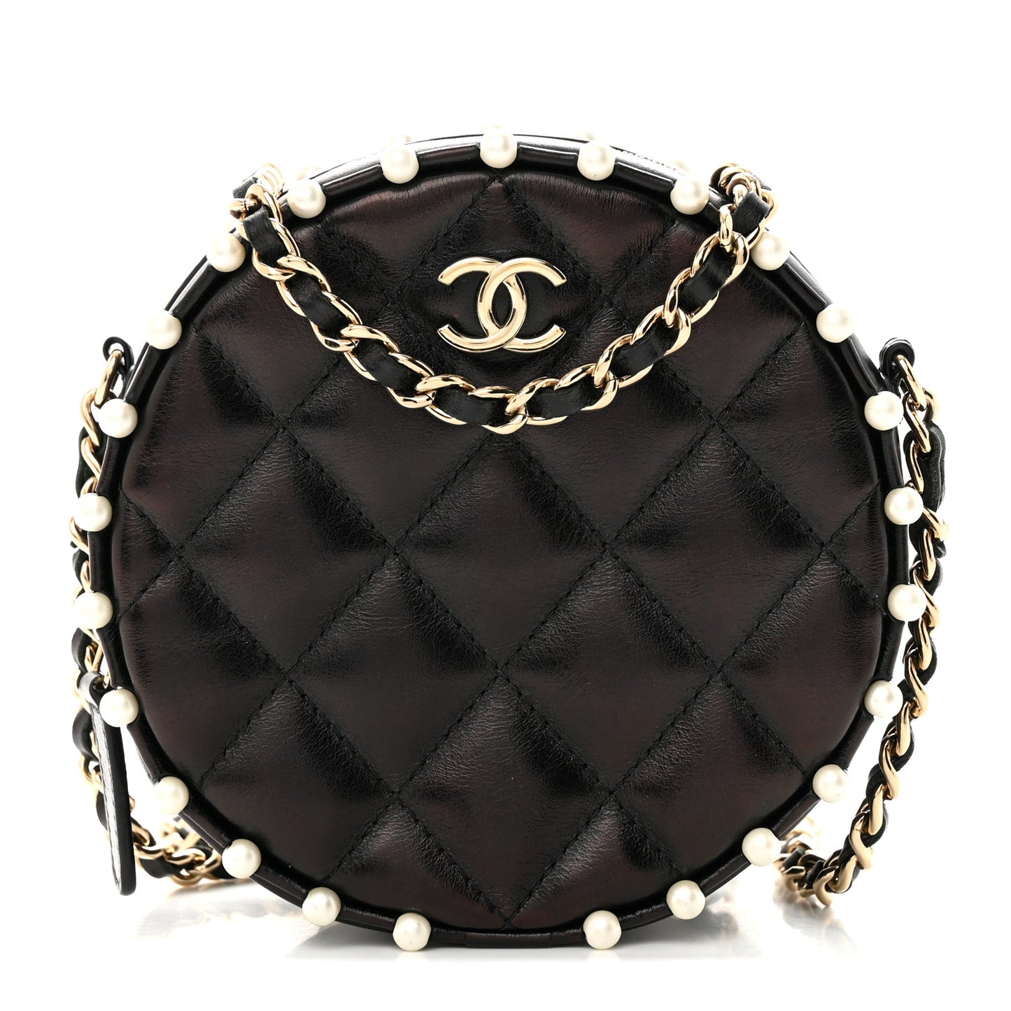 Calfskin Quilted Pearl Round Clutch With Chain Black