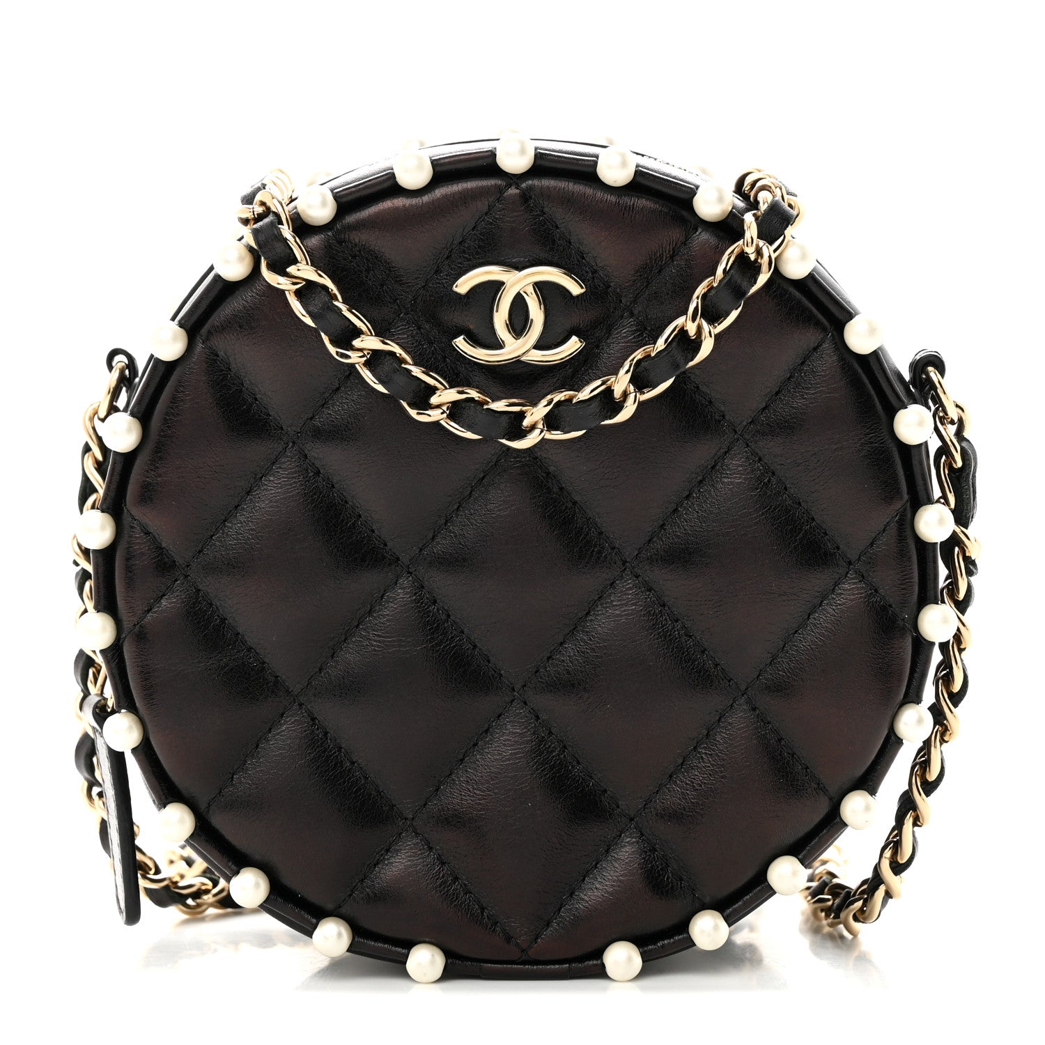 Chanel Calfskin Quilted Pearl Round Clutch With Chain Black 1 of 12