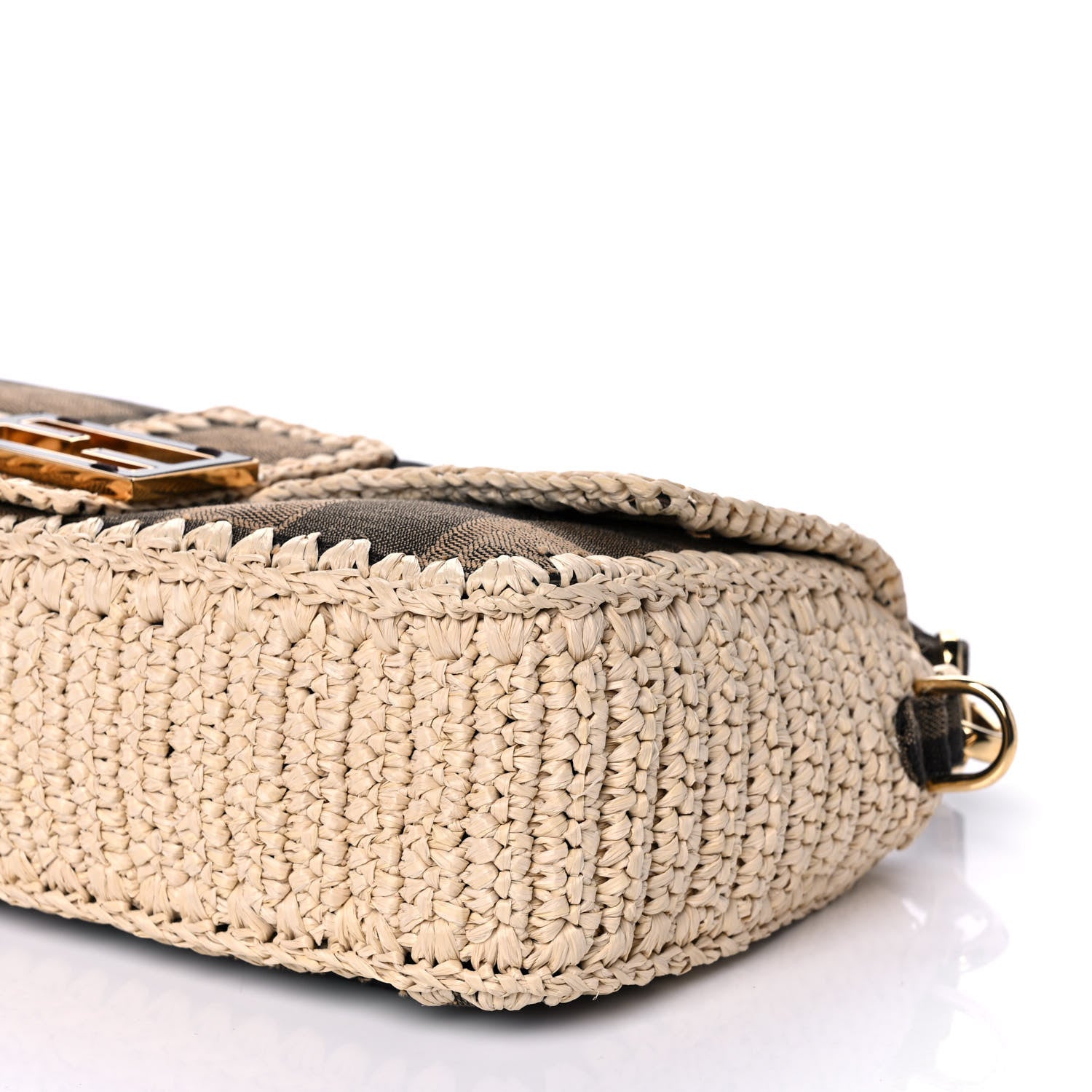 Fendi Fabric Jacquard Raffia Straw Pequin Gingham Woven Baguette Beige Black Natural 11 of 11