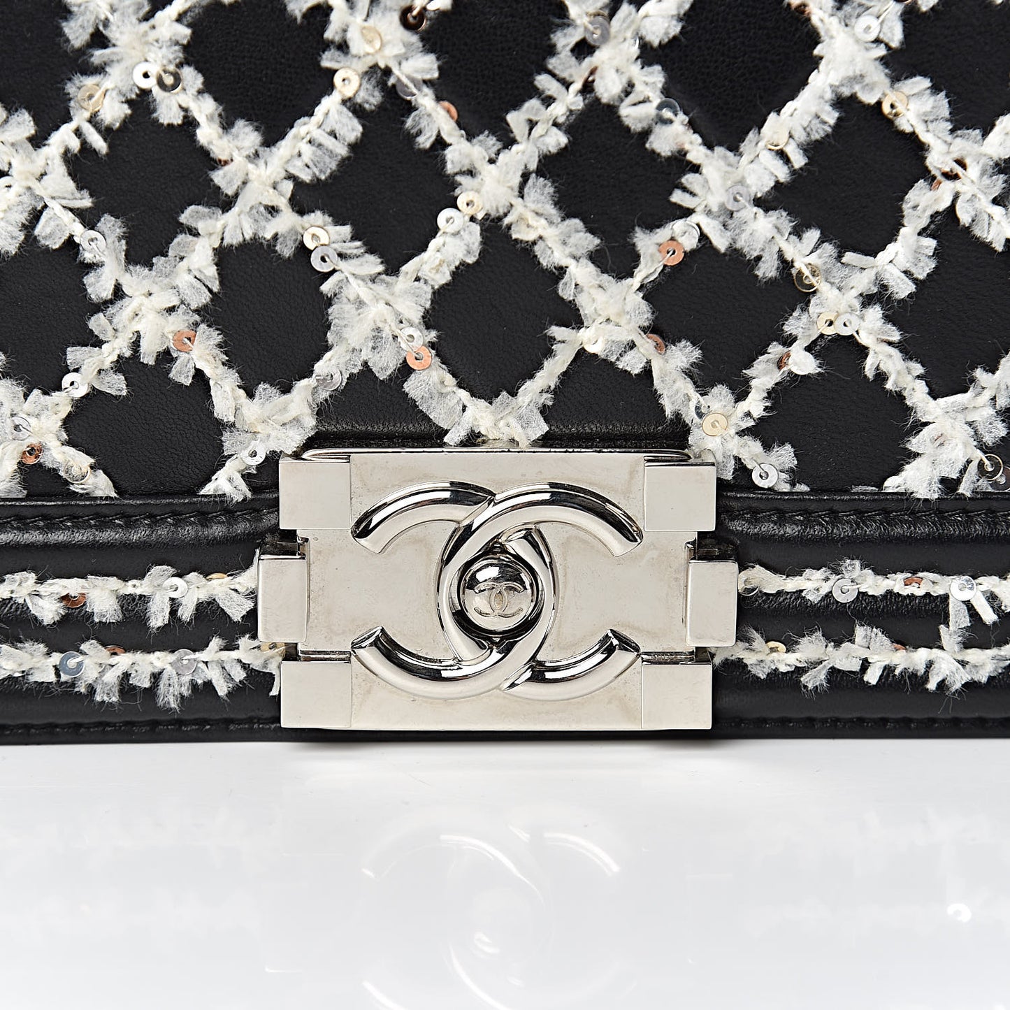 Calfskin Tweed Sequin Stitched Medium Boy Flap Black White