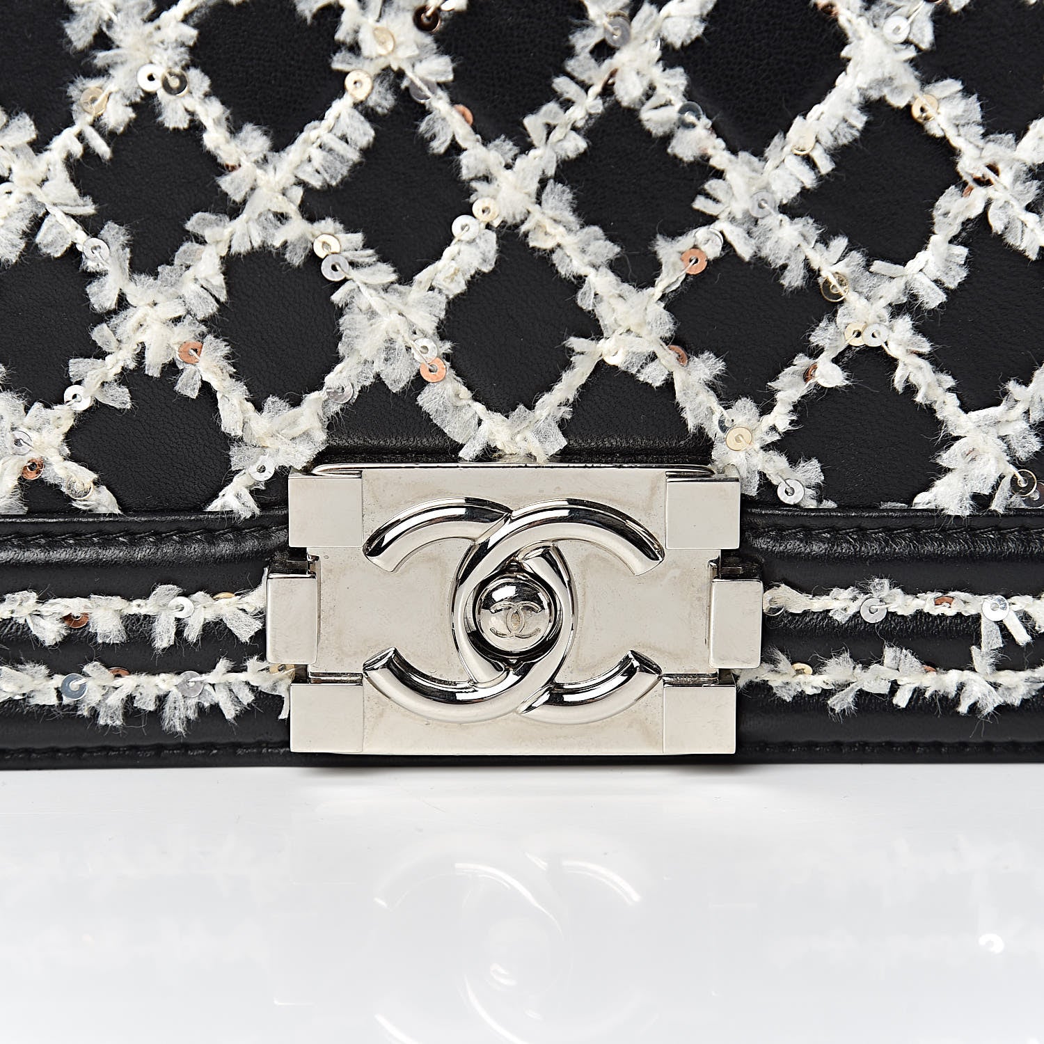 Chanel Calfskin Tweed Sequin Stitched Medium Boy Flap Black White 17 of 17
