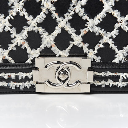 Chanel Calfskin Tweed Sequin Stitched Medium Boy Flap Black White 17 of 17