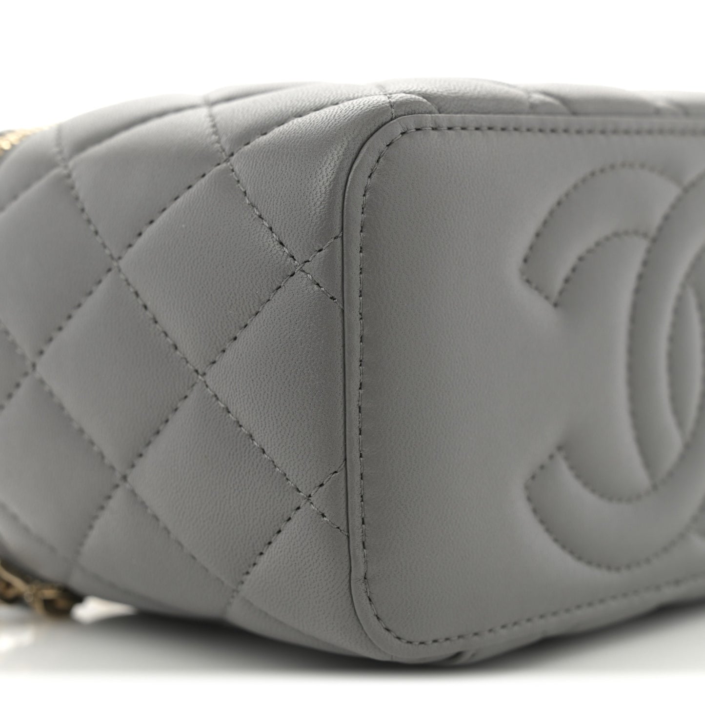 Lambskin Quilted Small Top Handle Vanity Case With Chain Dark Grey