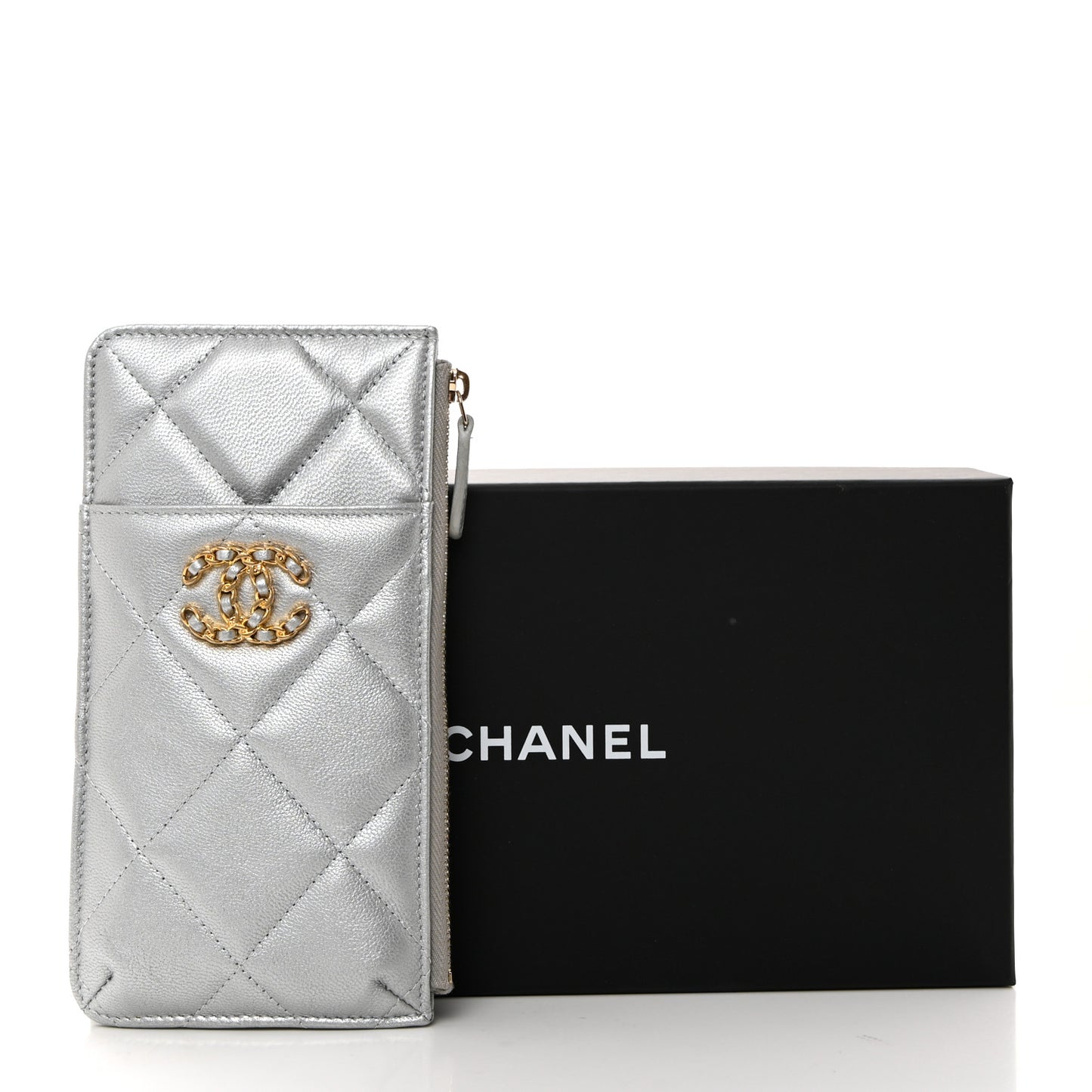 Lambskin Quilted Chanel 19 Phone and Card Holder Silver