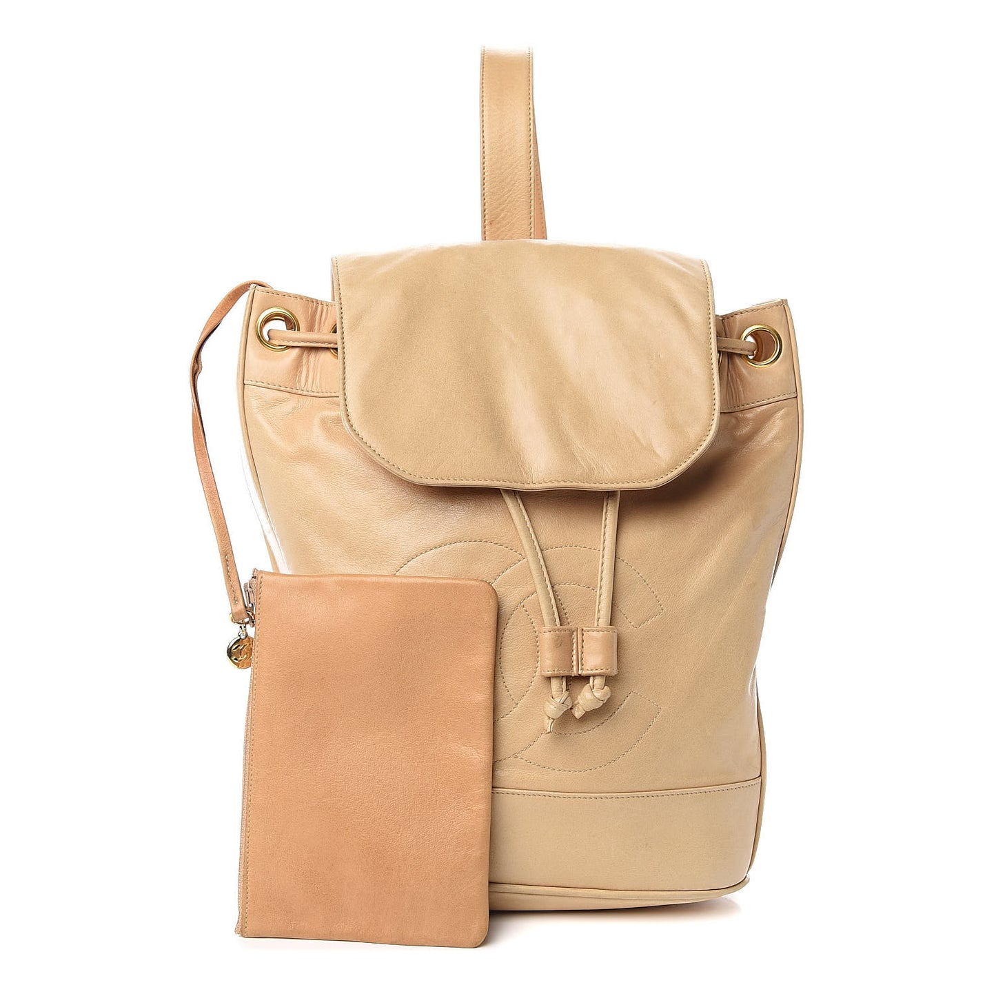 Lambskin Drawstring Sling Backpack Beige