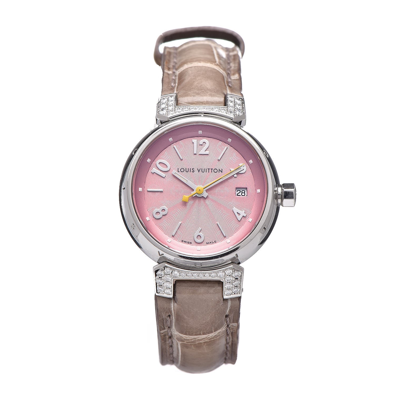 Louis Vuitton Stainless Steel Alligator Diamond 28mm Tambour Quartz Watch 1 of 9