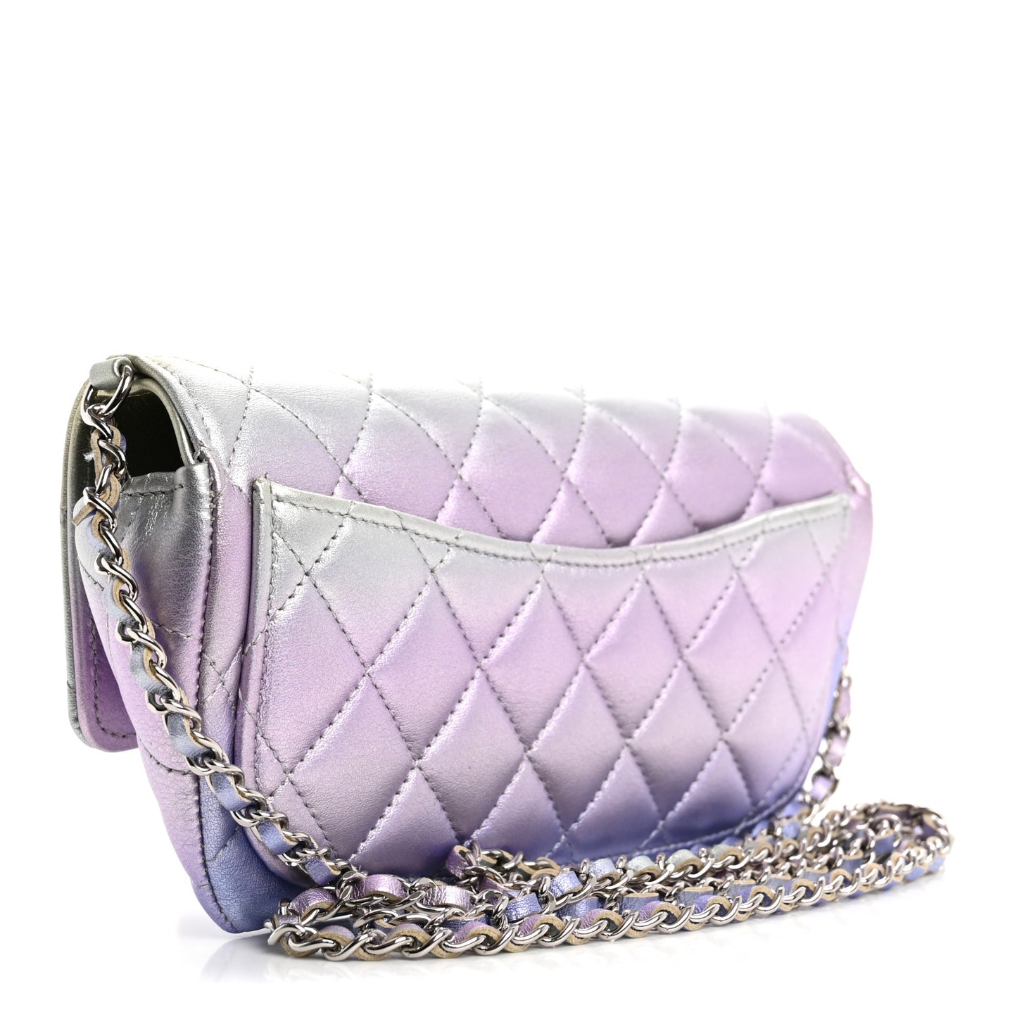 Gradient Metallic Calfskin Quilted Glasses Case With Chain Silver Blue Yellow Purple