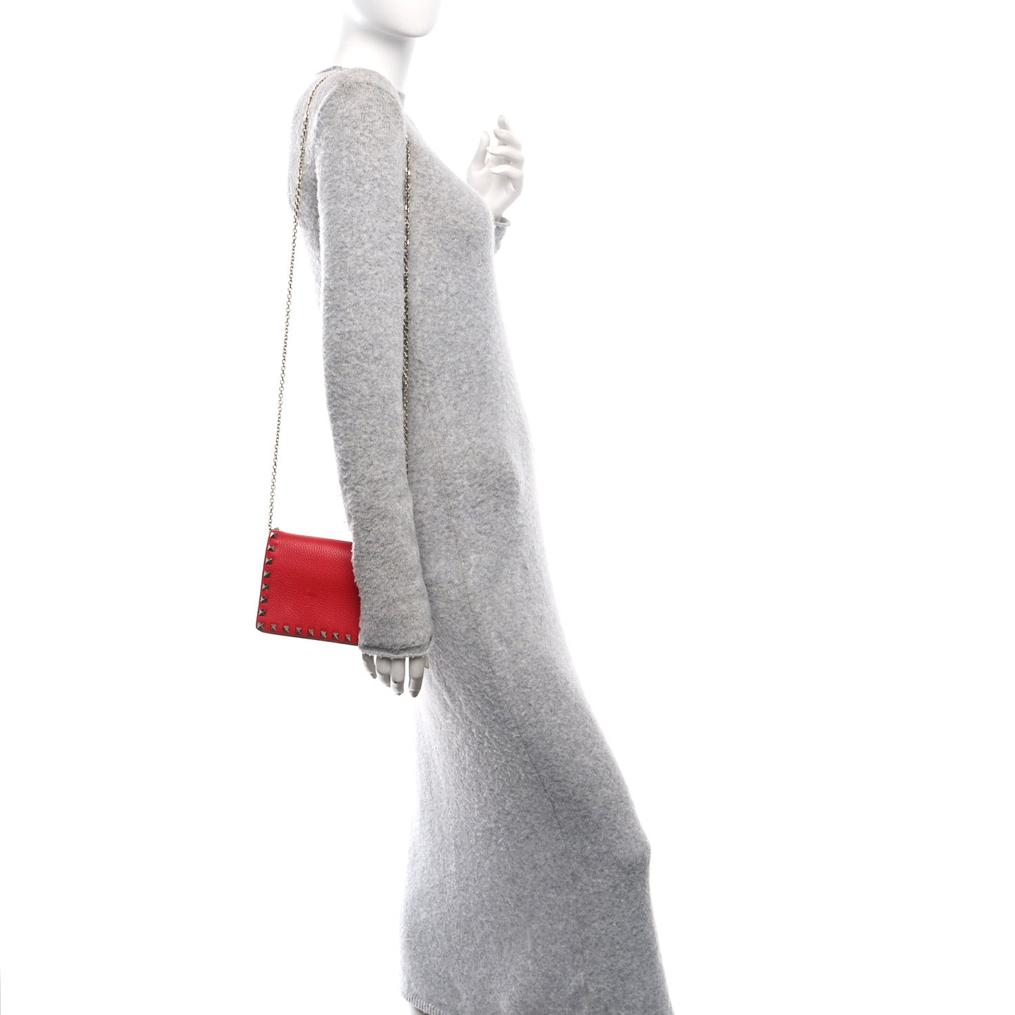 Pebbled Calfskin Rockstud Wallet on Chain Rouge Pur