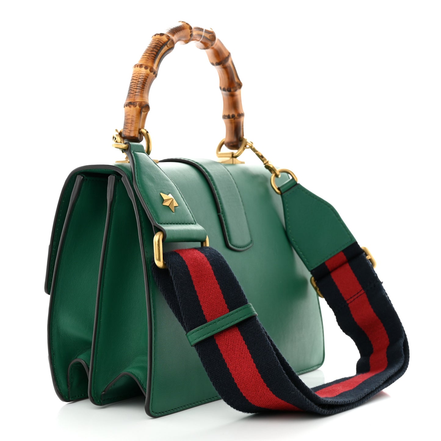 Moon Calfskin Web Medium Dionysus Bamboo Top Handle Bag Emerald Blue Hibiscus Red