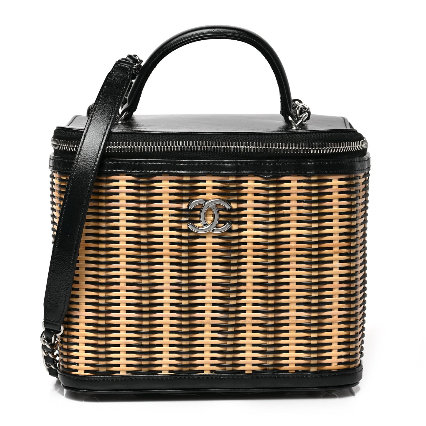 Glazed Calfskin Raffia Vanity Case Bag Black Beige