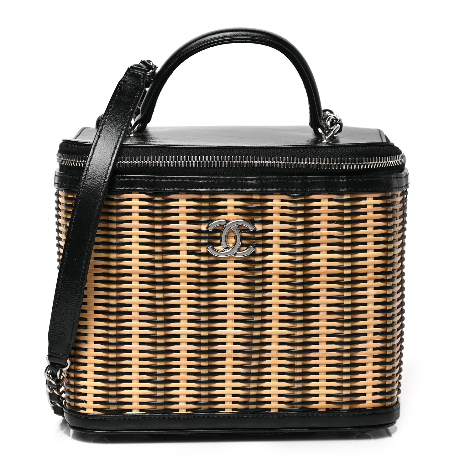 Chanel Glazed Calfskin Raffia Vanity Case Bag Black Beige 1 of 10