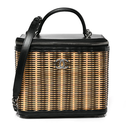 Chanel Glazed Calfskin Raffia Vanity Case Bag Black Beige 1 of 10