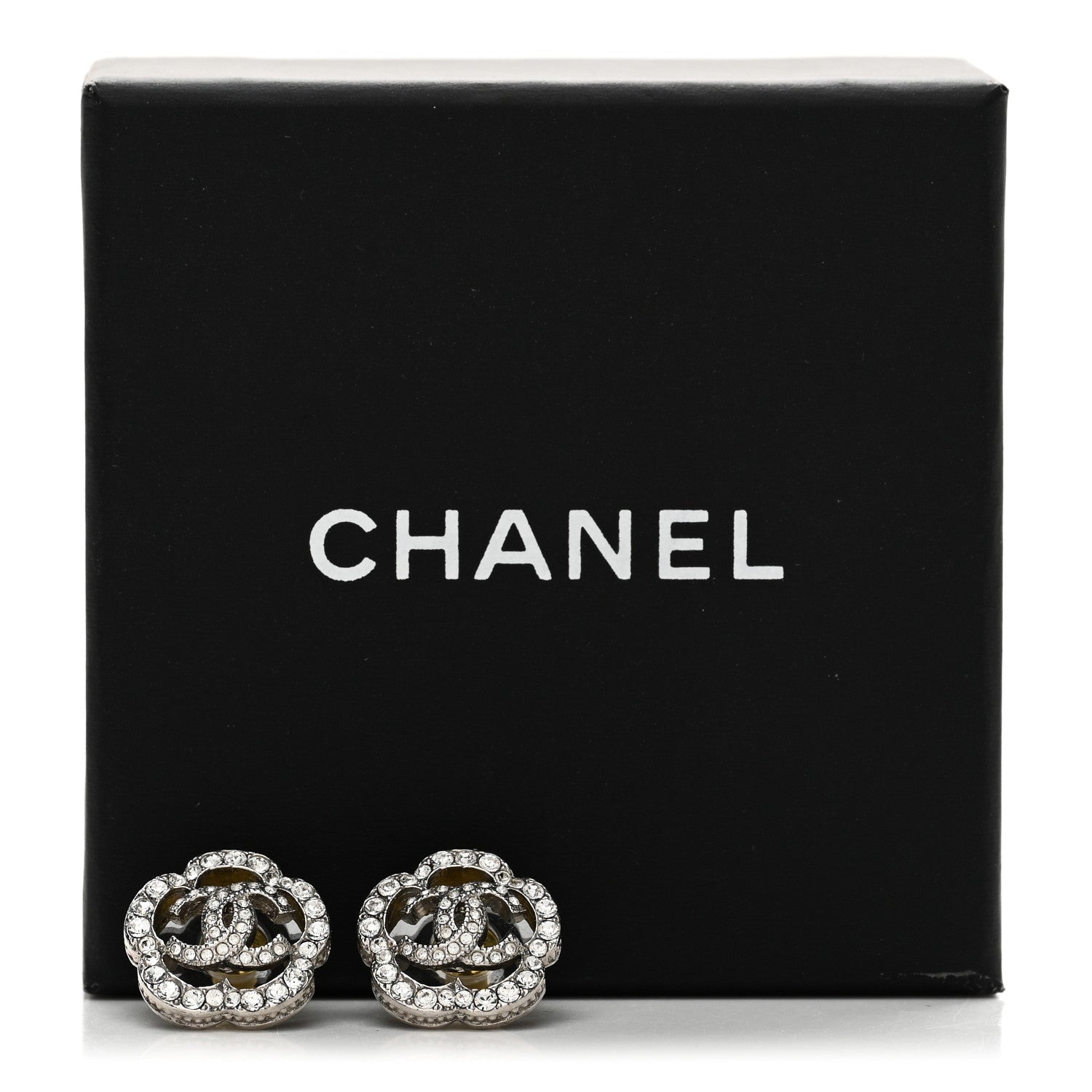 Chanel Crystal Coco Flapper Camellia CC Stud Earrings Silver 5 of 5