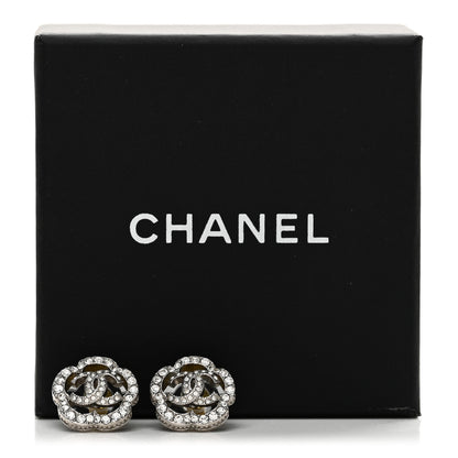 Chanel Crystal Coco Flapper Camellia CC Stud Earrings Silver 5 of 5