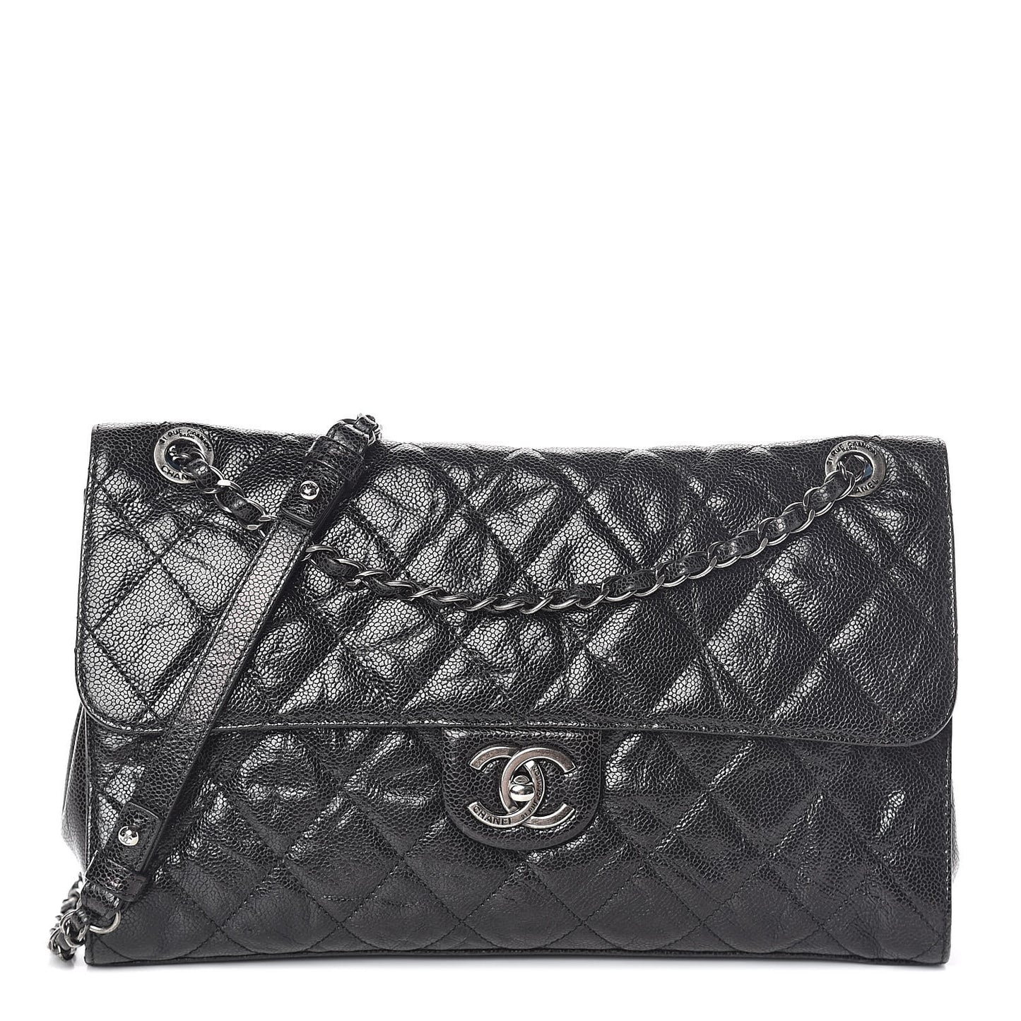 Crumpled Grained Calfskin Jumbo CC Crave Flap Black