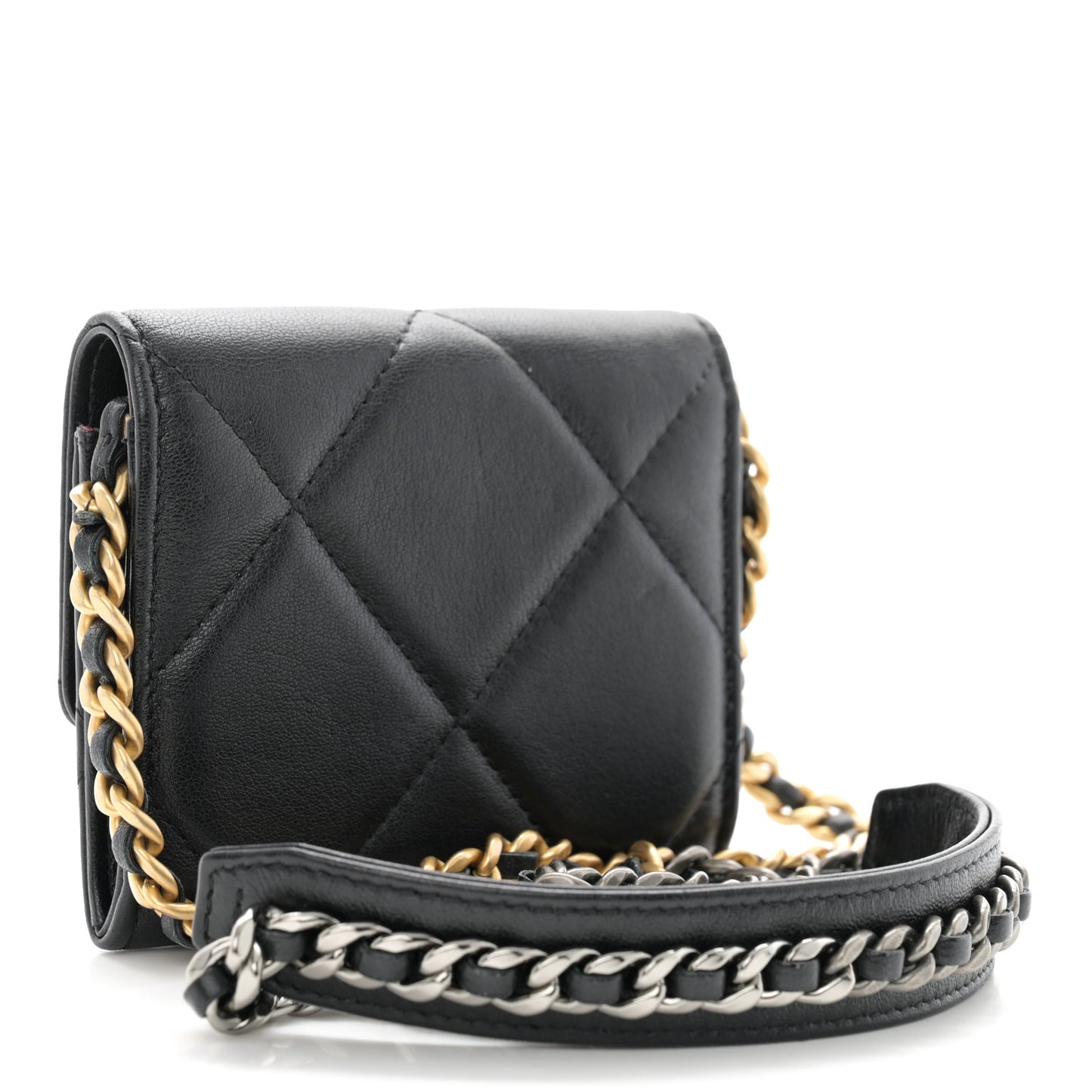 Lambskin Quilted Chanel 19 Flap Coin Purse With Chain Black