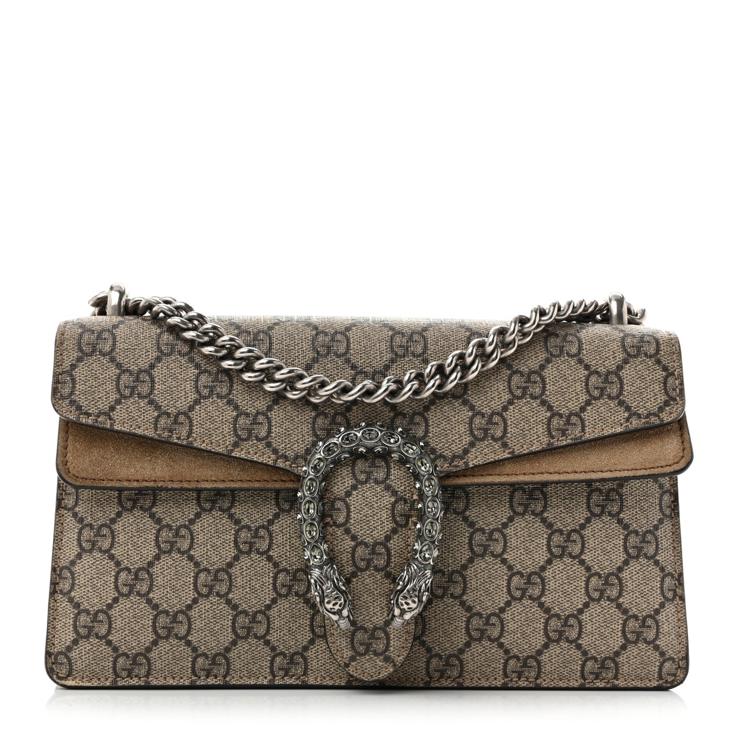 GG Supreme Monogram Suede Crystal Small Dionysus Shoulder Bag Beige Ebony Taupe