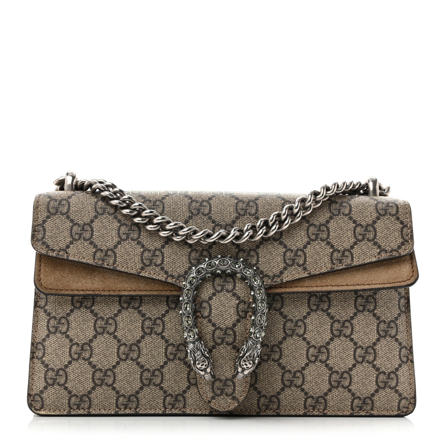 Gucci GG Supreme Monogram Suede Crystal Small Dionysus Shoulder Bag Beige Ebony Taupe 1 of 14