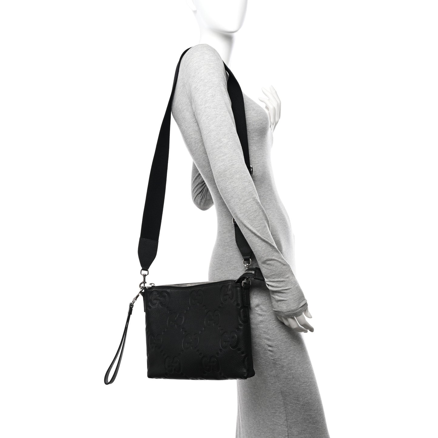 Piuma Calfskin Jumbo GG Embossed Medium Wristlet Messenger Bag Black