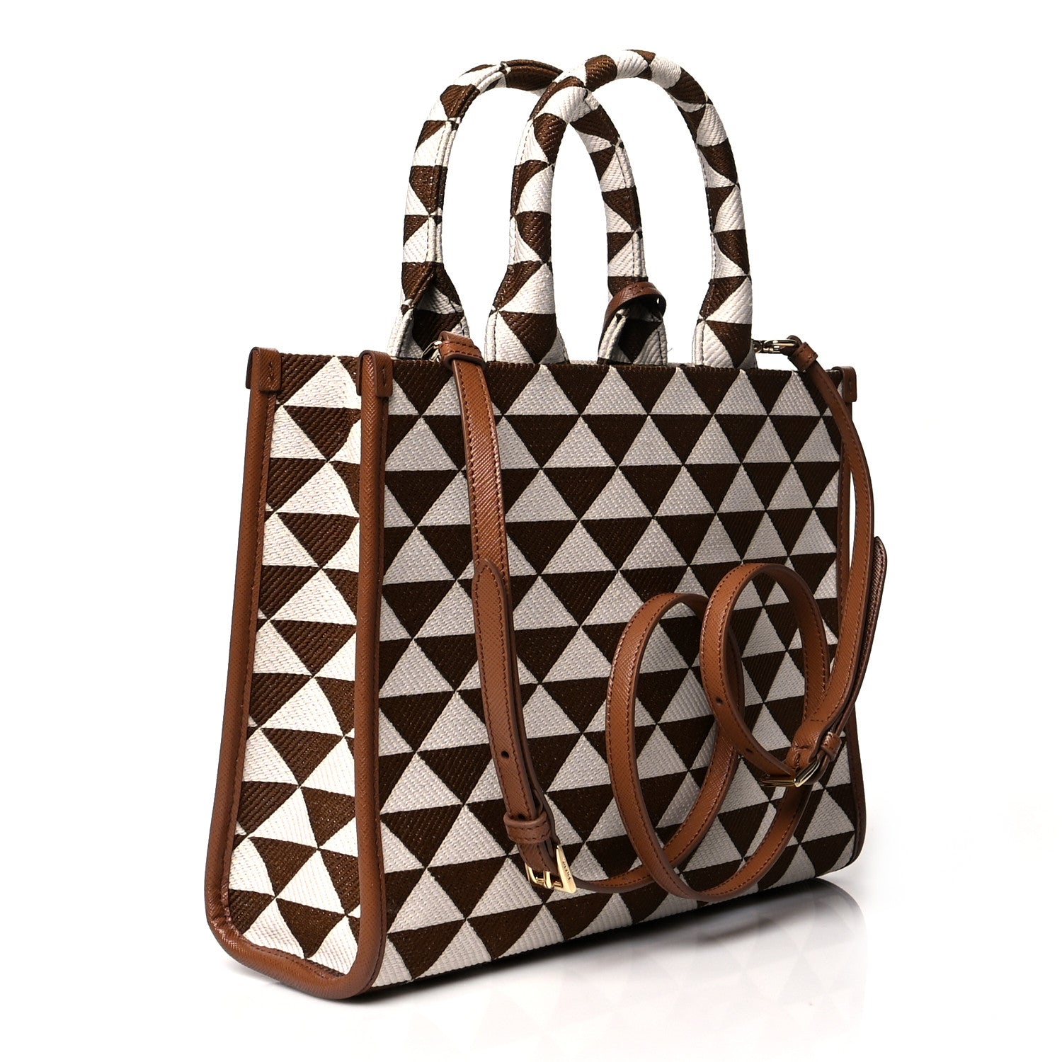 Prada Jacquard Saffiano Triangolo Symbole Embroidered Small Tote Tobacco Talco 3 of 9