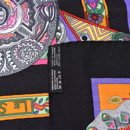 Hermes Cashmere Silk Le Songe De La Licorne Shawl 140 Black Orange Rouge Vif 4 of 5