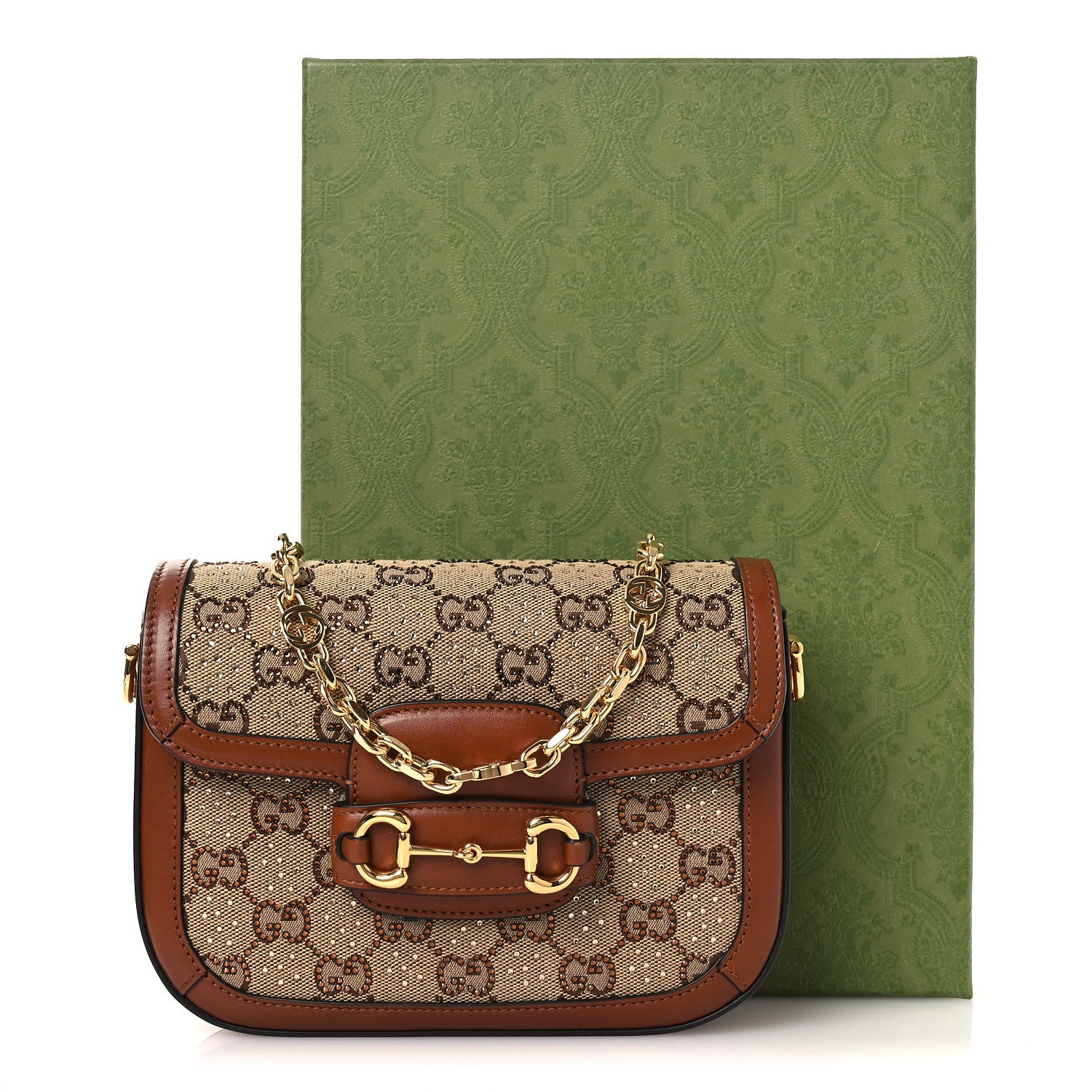 Gucci New Canvas Charisma Calfskin Crystal GG Monogram Mini Horsebit 1955 Shoulder Bag Camel Ebony 12 of 12