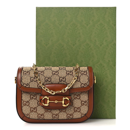 Gucci New Canvas Charisma Calfskin Crystal GG Monogram Mini Horsebit 1955 Shoulder Bag Camel Ebony 12 of 12