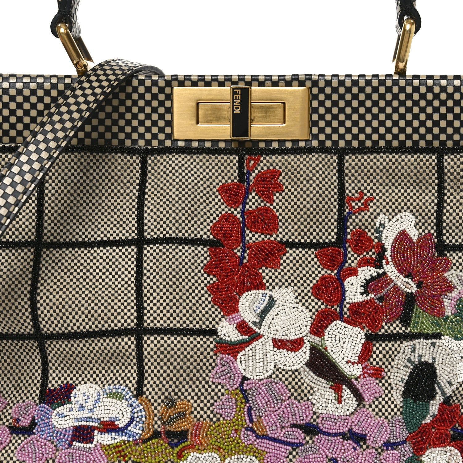 Fendi Canvas Calfskin Embroidered Medium Peekaboo Iconic Satchel Black Beige Multicolor 7 of 9