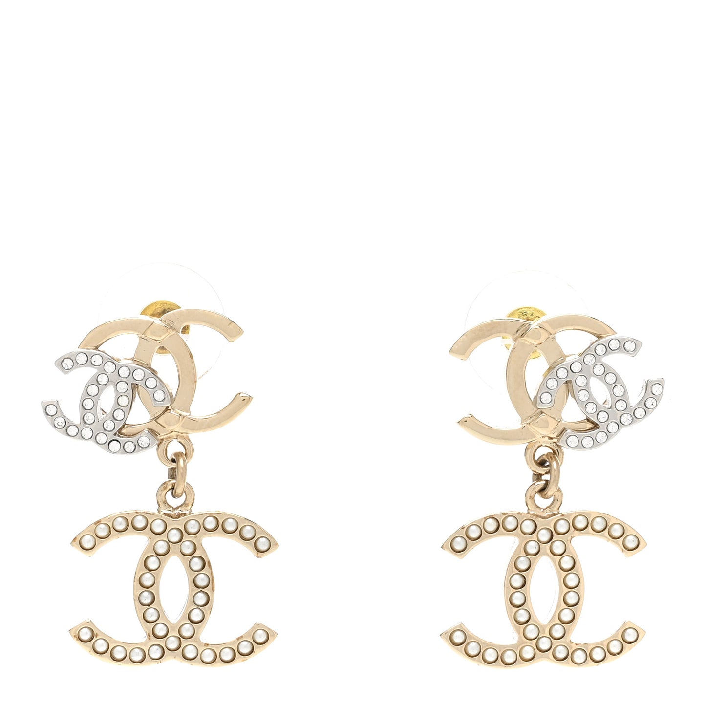 Crystal Pearl Double CC Drop Earrings Gold Silver