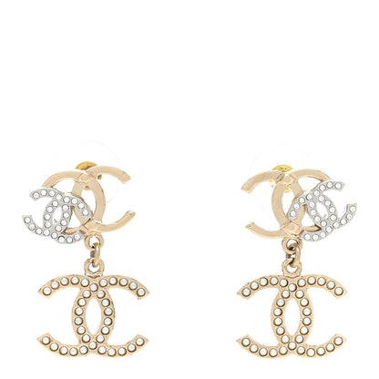 Chanel Crystal Pearl Double CC Drop Earrings Gold Silver 1 of 5