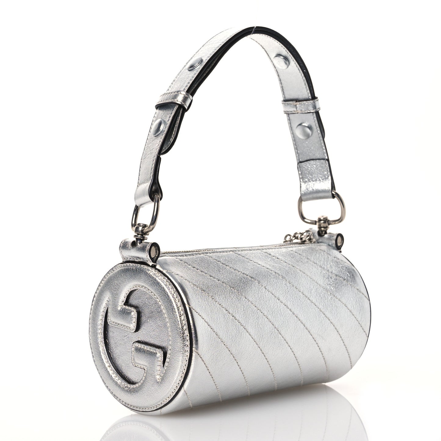 Sakai Be Green Calfskin Diagonal Stitched Mini Blondie Barrel Shoulder Bag Silver