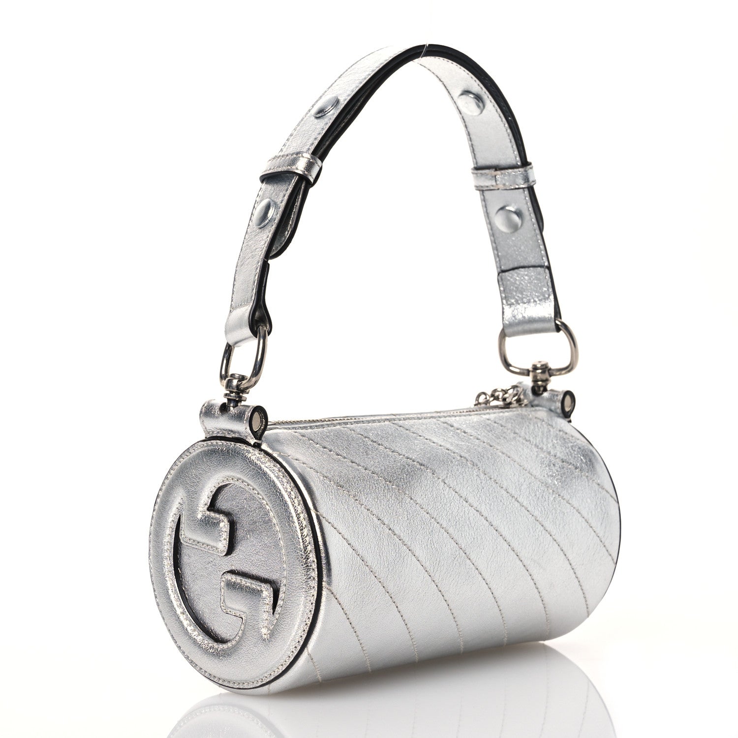 Gucci Sakai Be Green Calfskin Diagonal Stitched Mini Blondie Barrel Shoulder Bag Silver 3 of 15