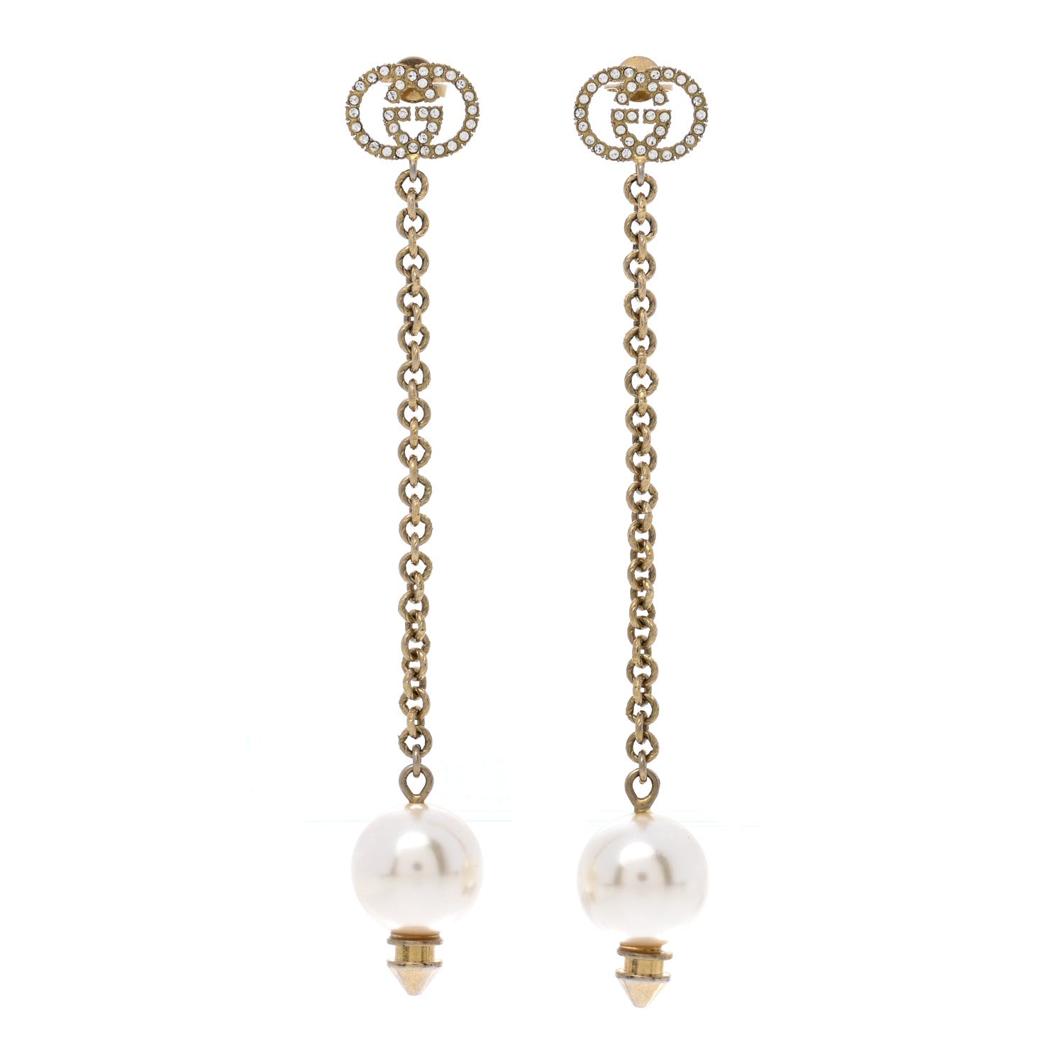 Gucci Metal Crystal Pearl Interlocking G Earrings Gold 1 of 5
