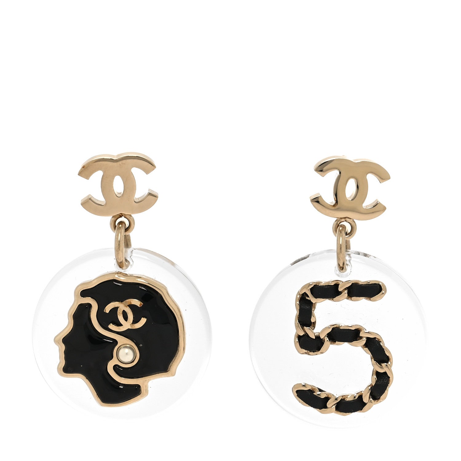 Chanel Resin Lambskin Chain N°5 Coco CC Drop Earrings Black Gold 1 of 4