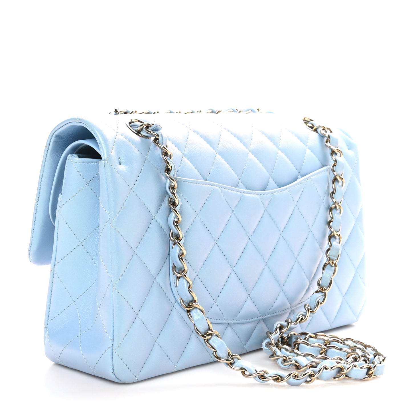 Iridescent Calfskin Quilted Medium Double Flap Blue